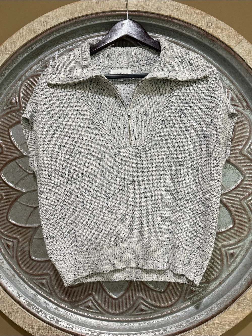 Lou & Grey Speckled Half-Zip Knit Vest - Light Gray with Navy Flecks